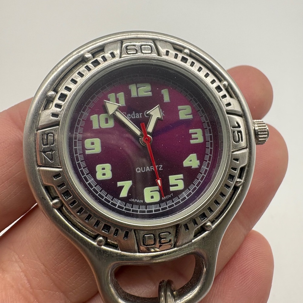 Cedar Creek Quartz Carabiner Pocket Watch Silver Tone Purple Dial Needs Battery